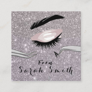 Tarjeta De Visita Cuadrada Salón de belleza Purpurina Lash rosa Plata Metaliz