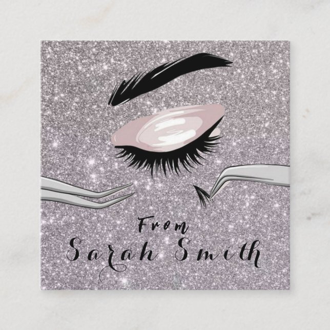 Tarjeta De Visita Cuadrada Salón de belleza Purpurina Lash rosa Plata Metaliz (Anverso)