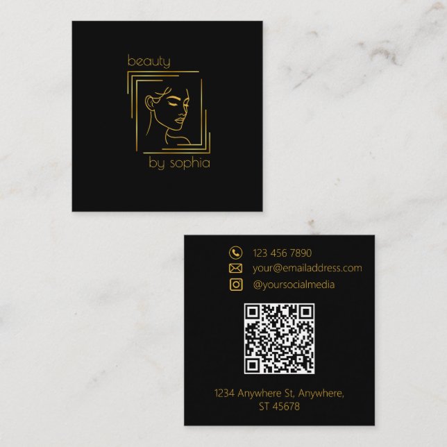 Tarjeta De Visita Cuadrada Salón de belleza | Salón del pelo | Negro y oro (Anverso / Reverso)