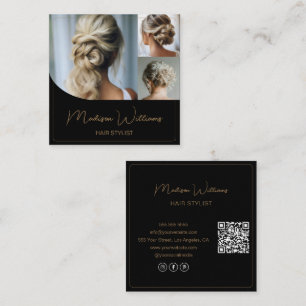 Tarjeta De Visita Cuadrada Salón de Estilista de Pelo 3 Fotos Negro y Dorado