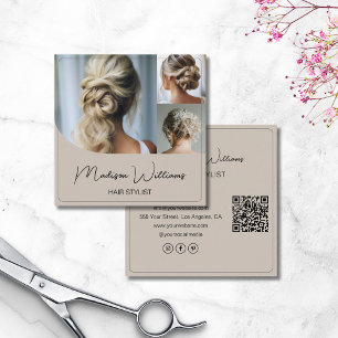 Tarjeta De Visita Cuadrada Salón de Estilista de Pelo Código QR de 3 Fotos Be