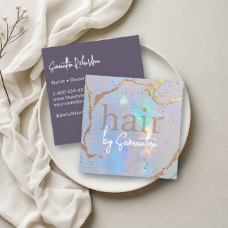 Tarjeta De Visita Cuadrada Salón de Estilistas de Pelo Dorado Holográfico Iri