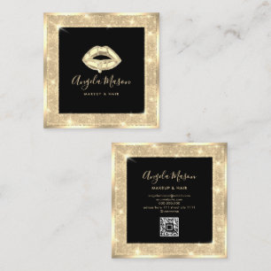 Tarjeta De Visita Cuadrada Salón de maquillaje de Moda QR Código Oro Negro Ún