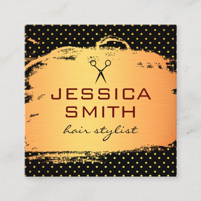 Tarjeta De Visita Cuadrada Salón de Punto de Polka Dorada Cepillado (Anverso)