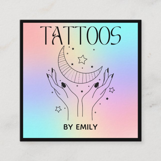 Tarjeta De Visita Cuadrada Salón de tatuaje celeste Luna Holográfico (Anverso)
