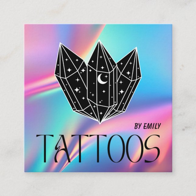 Tarjeta De Visita Cuadrada Salón de tatuaje celeste Luna Holográfico (Anverso)