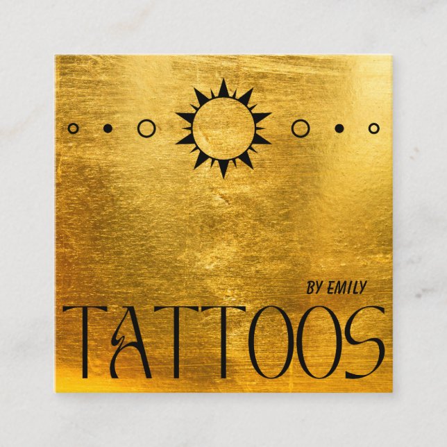 Tarjeta De Visita Cuadrada Salón de tatuaje de sol celestial oro metálico (Anverso)