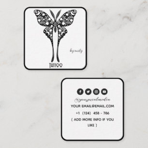 Tarjeta De Visita Cuadrada Salón de Tatuajes Mariposa Celestial Blanco y negr