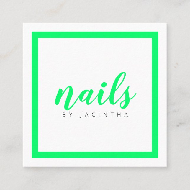 Tarjeta De Visita Cuadrada Salón de Técnico de Uñas Moderno Verde Brillante (Anverso)