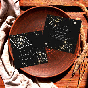 Tarjeta De Visita Cuadrada Salón de uñas de mano con espectros de oro negro