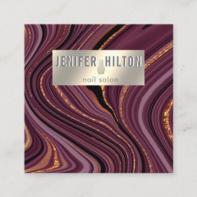 Tarjeta De Visita Cuadrada Salón de uñas de oro agate geode burgundy contempo (Anverso)