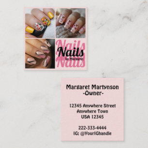 Tarjeta De Visita Cuadrada Salón de Uñas Moderno Rosa Rubor Negro Negrita 3 F