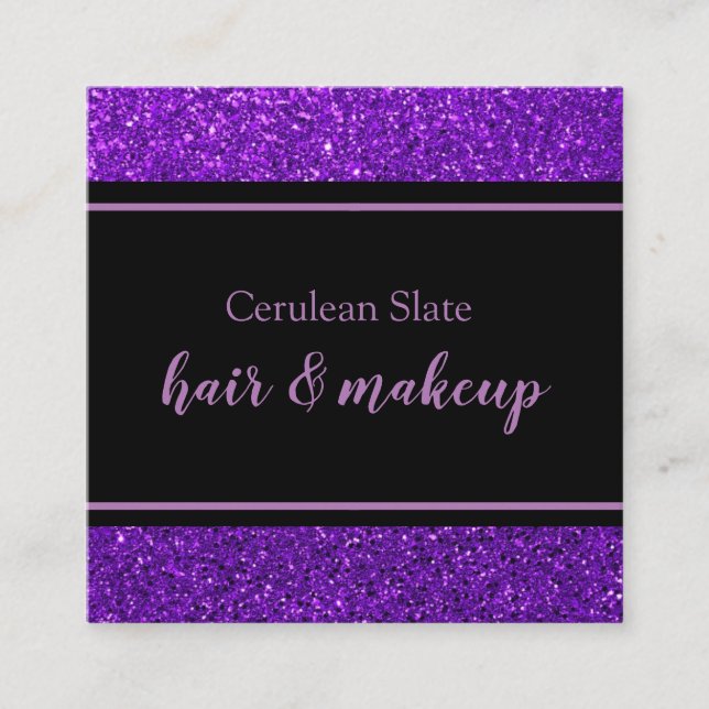 Tarjeta De Visita Cuadrada Salón Girly Sparkle, Purpurina negro y morado (Anverso)