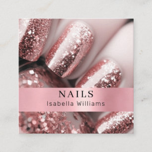 Tarjeta De Visita Cuadrada Salon moderno de uñas purpurinas rosegold