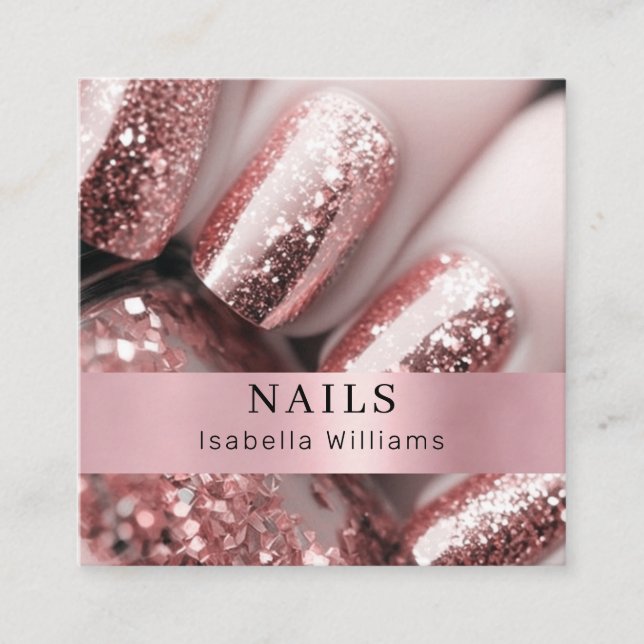 Tarjeta De Visita Cuadrada Salon moderno de uñas purpurinas rosegold (Anverso)