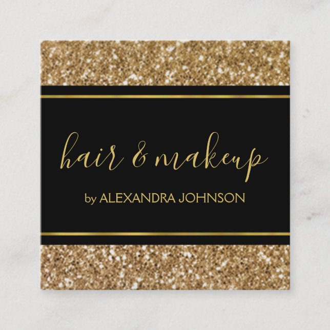 Tarjeta De Visita Cuadrada Salón Purpurina de espuma negra y dorada (Anverso)