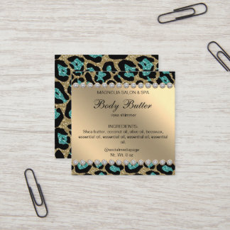 Tarjeta De Visita Cuadrada Salon Purpurina Leopard Verde azulado