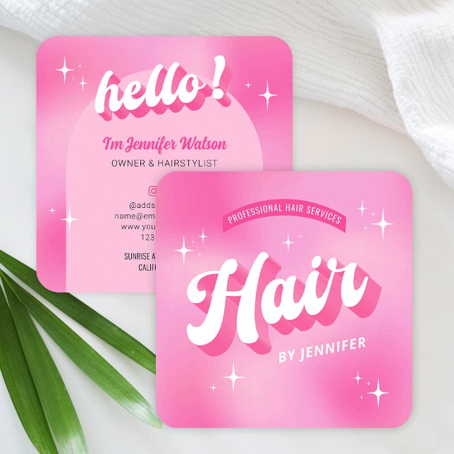Tarjeta De Visita Cuadrada Salon Retro Groovy Hair (Trendy hair business cards in girly pink colors featuring retro groovy fonts and sparkles)