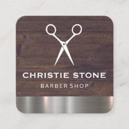 Tarjeta De Visita Cuadrada Salon Shears Rústico Wood Metalizado Trim