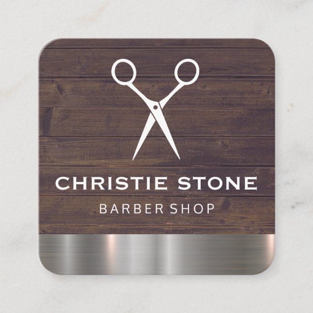 Tarjeta De Visita Cuadrada Salon Shears Rústico Wood Metalizado Trim (Anverso)