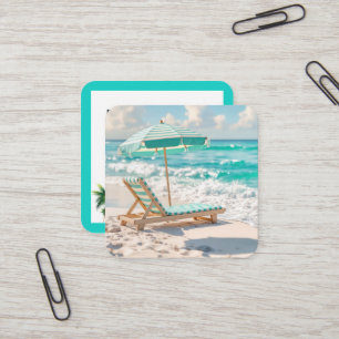 Tarjeta De Visita Cuadrada Salón Tropical Beach Chaise Con Arena Blanca