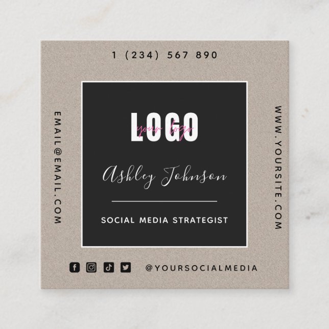 Tarjeta De Visita Cuadrada Sand Kraft Paper Add Logo Qr Code Social Media (Anverso)