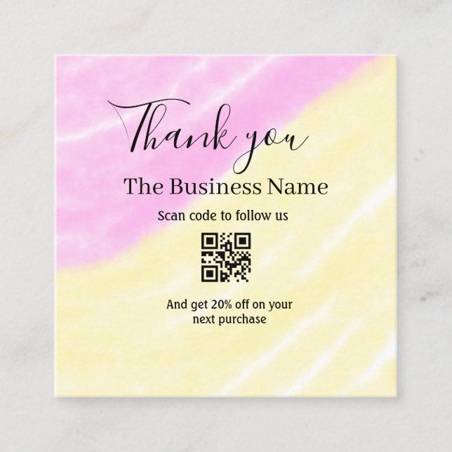 Tarjeta De Visita Cuadrada Scan QR to follow us thank you discount code pink  (Anverso)