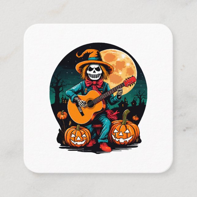 Tarjeta De Visita Cuadrada scarecrow toca la guitarra y celebra halloween (Anverso)