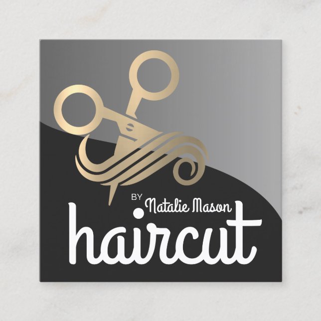 Tarjeta De Visita Cuadrada Scissors Hair Golden Logo | Salon (Anverso)