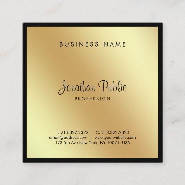 Tarjeta De Visita Cuadrada Script Glam Black Gold Fashiable Professional (Anverso)