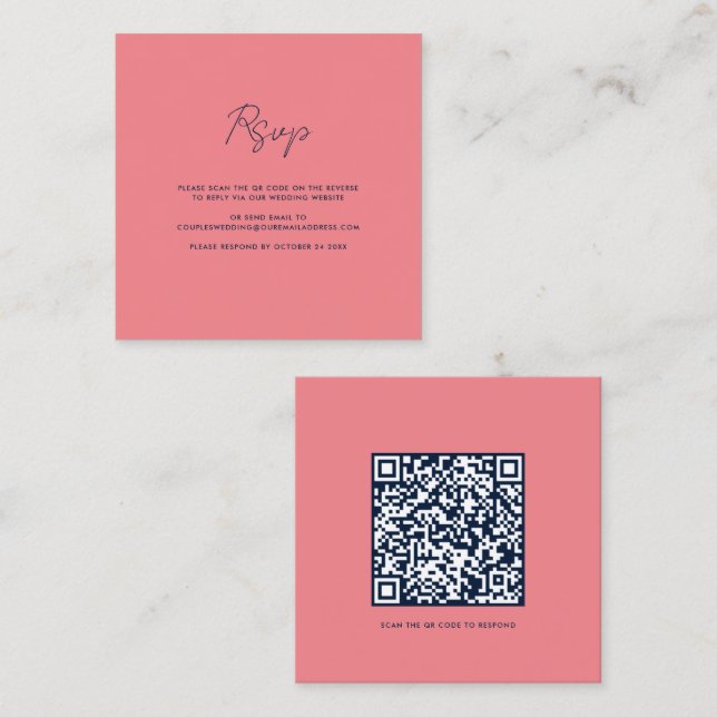 Tarjeta De Visita Cuadrada Script QR Boda de código RSVP (Anverso / Reverso)