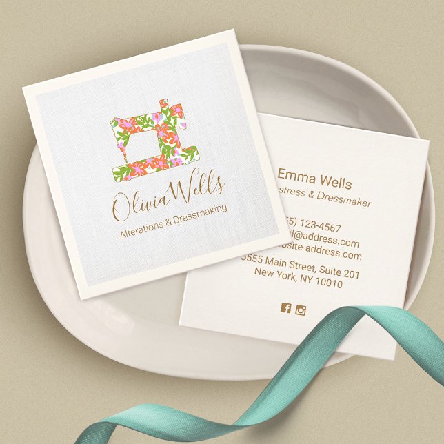 Tarjeta De Visita Cuadrada Seamstress de la máquina de coser floral (Subido por el creador)