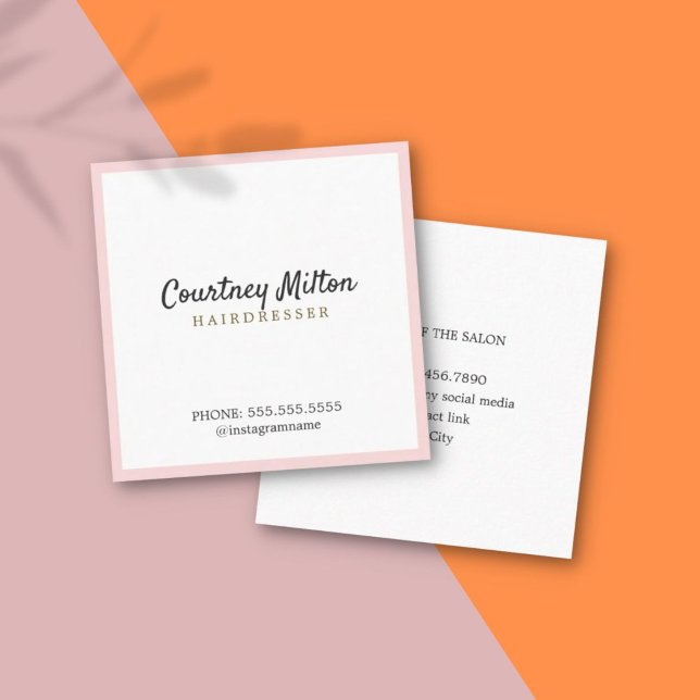 Tarjeta De Visita Cuadrada Sencilla Elegante Rosa Peluquería Blanca (Subido por el creador)