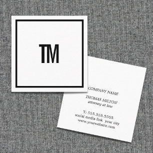 Tarjeta De Visita Cuadrada Sencillo Monograma de Abogado Blanco Negro Elegant