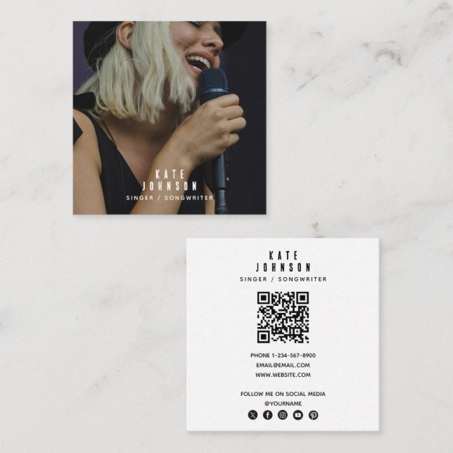 Tarjeta De Visita Cuadrada Sencillo músico cantante foto social media QR Code (Anverso / Reverso)