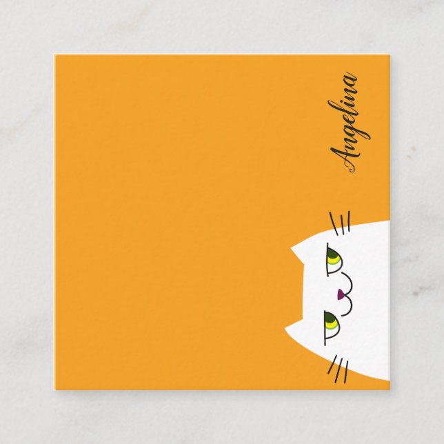 Tarjeta De Visita Cuadrada Sencillo Personalizado Gato Blanco Funny Amarillo (Anverso)