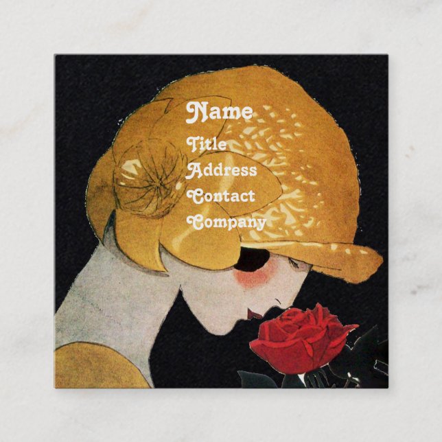 Tarjeta De Visita Cuadrada SEÑORA CON ROSA ROJA BELLEZA DE MODA COSTUMBRE Neg (Anverso)