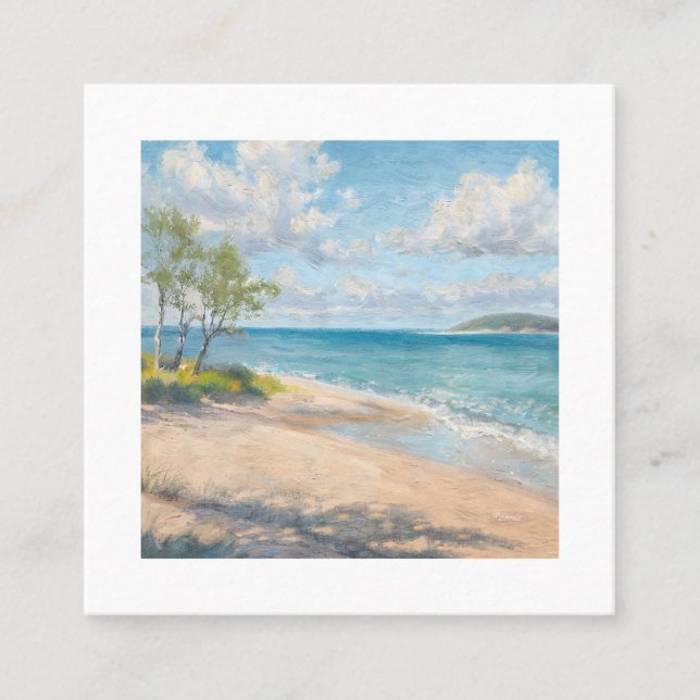 Tarjeta De Visita Cuadrada Serene Coastal Morning Impressionist Beach Art (Anverso)