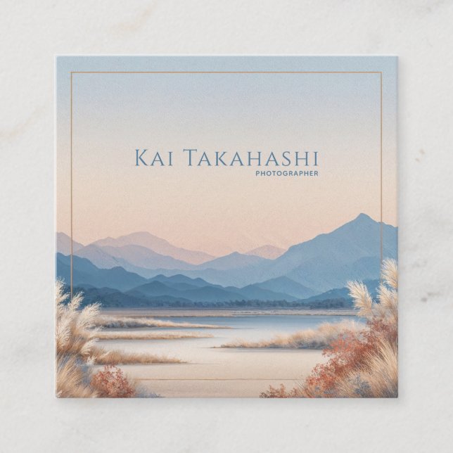 Tarjeta De Visita Cuadrada Serene Desert Pampas Grass Gold Frame Mountain (Anverso)