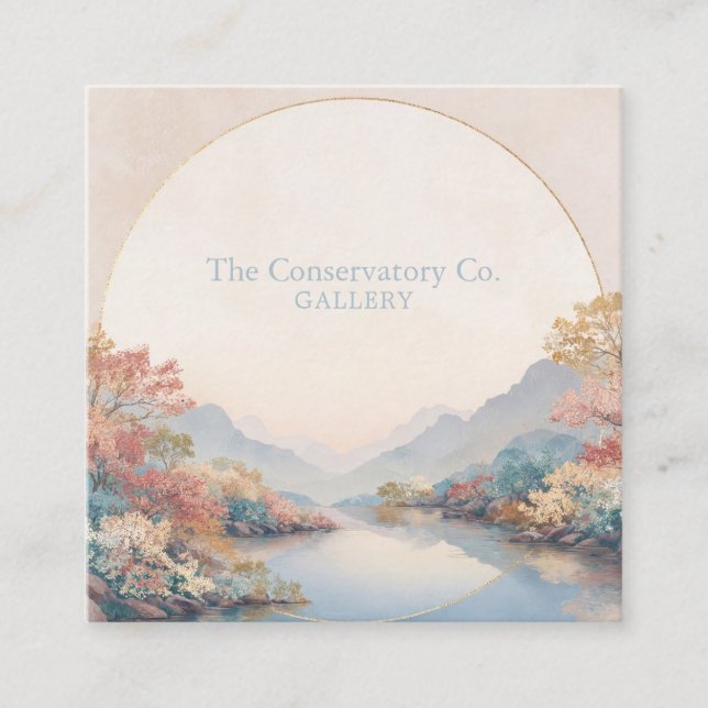 Tarjeta De Visita Cuadrada Serene River Landscape Gold Circle Autumnal Floral (Anverso)