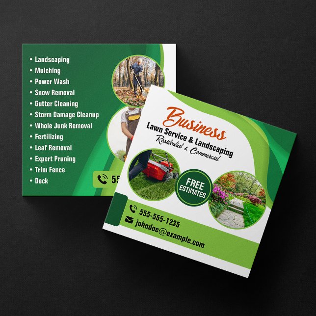 Tarjeta De Visita Cuadrada Servicio de jardín y paisajismo verde y Naranja (Subido por el creador)