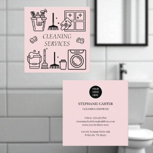 Tarjeta De Visita Cuadrada Servicios de limpieza de logotipos rosa Comercial 