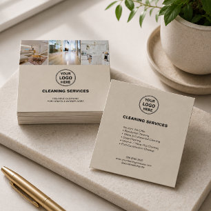 Tarjeta De Visita Cuadrada Servicios de Limpieza Modernos Logo Foto Beige