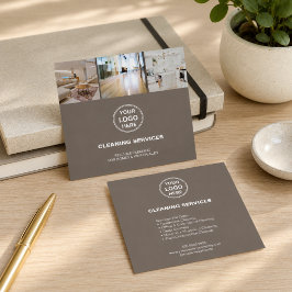 Tarjeta De Visita Cuadrada Servicios de Limpieza Modernos Logo Foto Marrón Cl