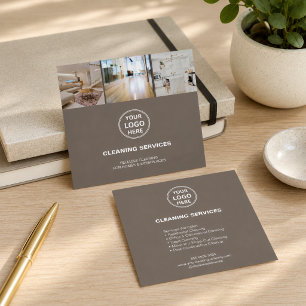 Tarjeta De Visita Cuadrada Servicios de Limpieza Modernos Logo Foto Marrón Cl