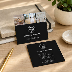 Tarjeta De Visita Cuadrada Servicios de Limpieza Negros Modernos Logotipo Fot