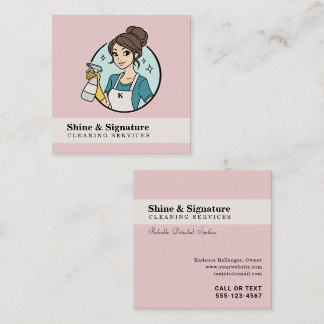 Tarjeta De Visita Cuadrada Servicios Modernos de Limpieza de Doncella Rosa (Anverso / Reverso)