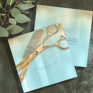 Tarjeta De Visita Cuadrada Sheen and Shears Hair Stylist Gold/Verde azulada S