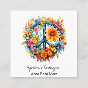 Tarjeta De Visita Cuadrada *~* Signo de paz AP57 Flores retro de Boho QR
