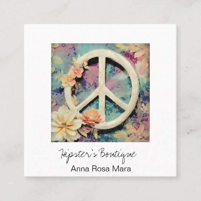Tarjeta De Visita Cuadrada *~* Signo de paz blanca Flores Grunge Boho AP57 QR (Anverso)